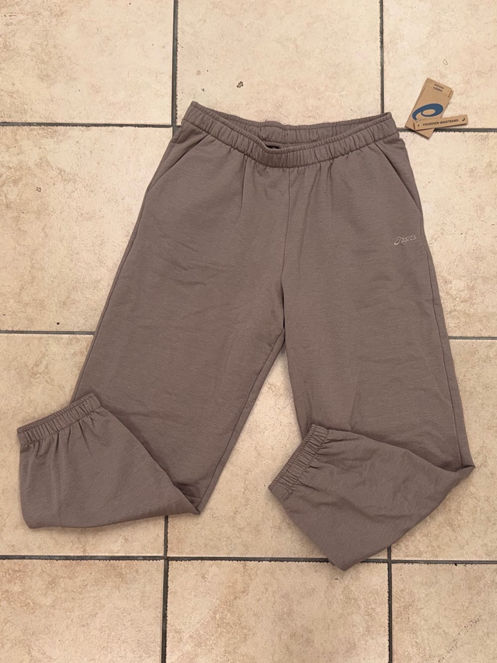 New Asics Stretch Woven Micro Fleece Lined Jogger Sweatpants Womens Sz L Taupe